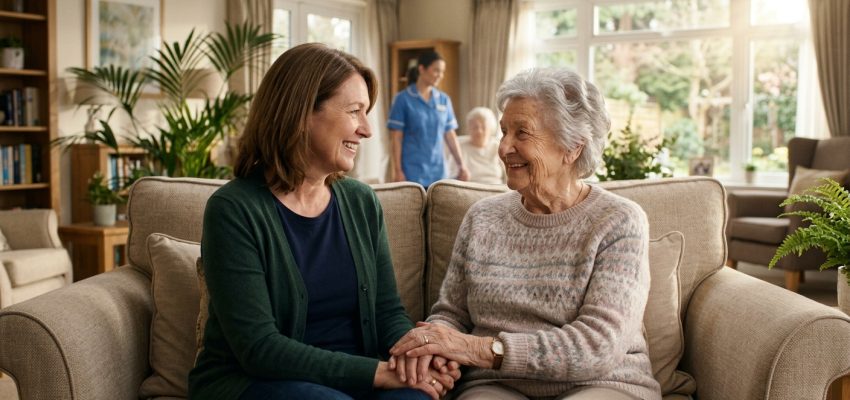 אישה וקשישה אוחזות ידיים ומחייכות זו לזו בסלון מואר של דיור מוגן, עם אחות סיעודית ברקע המעניקה טיפול.